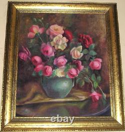 Peinture à l'huile florale vintage signée Encadrée Nature morte de roses roses grandes fleurs