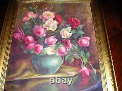 Peinture à l'huile florale vintage signée Encadrée Nature morte de roses roses grandes fleurs