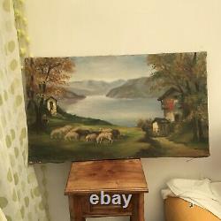 Peinture à l'huile française originale antique 18x30 moutons berger maison rivière montagne