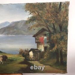 Peinture à l'huile française originale antique 18x30 moutons berger maison rivière montagne