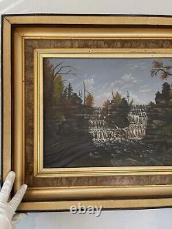 Peinture à l'huile impressionniste ancienne du 19e siècle représentant une cascade dans le paysage de la vieille rivière Hudson