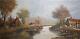 Peinture à L'huile Impressionniste Antique Du Paysage D'un Village Au Bord D'une Rivière