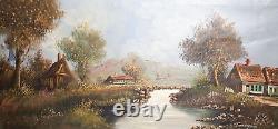 Peinture à l'huile impressionniste antique du paysage d'un village au bord d'une rivière
