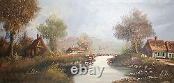 Peinture à l'huile impressionniste antique du paysage d'un village au bord d'une rivière