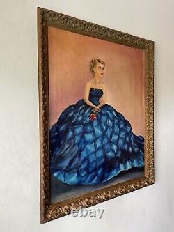 Peinture à l'huile impressionniste d'une jolie femme antique portant une robe moderne vintage.