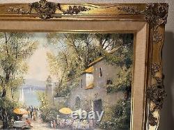 Peinture à l'huile impressionniste de grand format 'Café au bord du lac' par B. Michele, encadrée dans un style antique