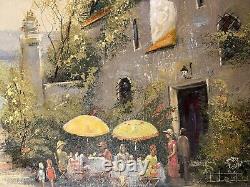 Peinture à l'huile impressionniste de grand format 'Café au bord du lac' par B. Michele, encadrée dans un style antique