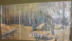 Peinture à l'huile impressionniste de grand format d'un paysage hivernal de rivière antique