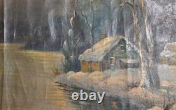 Peinture à l'huile impressionniste de grand format d'un paysage hivernal de rivière antique