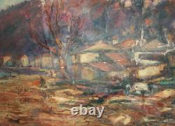 Peinture à l'huile impressionniste de paysage de grande taille signée ancienne