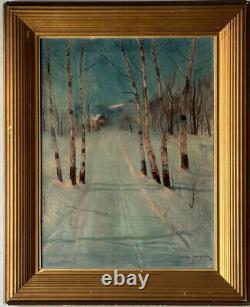 Peinture à l'huile impressionniste de paysage en plein air de l'ancienne neige de Svend Svendsen Antique