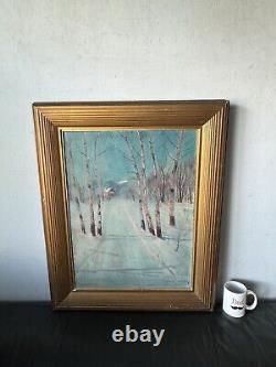 Peinture à l'huile impressionniste de paysage en plein air de l'ancienne neige de Svend Svendsen Antique