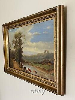 Peinture à l'huile impressionniste de paysage européen antique de bovins du XIXe siècle