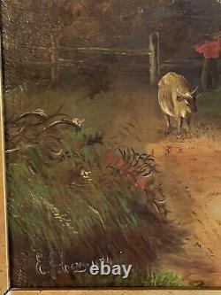 Peinture à l'huile impressionniste de paysage européen antique de bovins du XIXe siècle