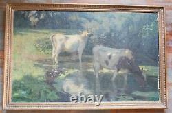 Peinture à l'huile impressionniste du 19ème siècle sur toile de vaches signée