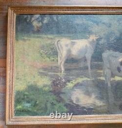 Peinture à l'huile impressionniste du 19ème siècle sur toile de vaches signée