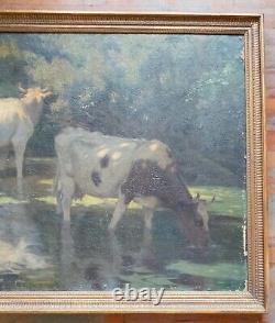 Peinture à l'huile impressionniste du 19ème siècle sur toile de vaches signée