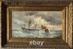 Peinture à l'huile impressionniste française du 19ème siècle de paysage marin ancien avec bateau