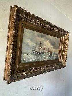 Peinture à l'huile impressionniste française du 19ème siècle de paysage marin ancien avec bateau