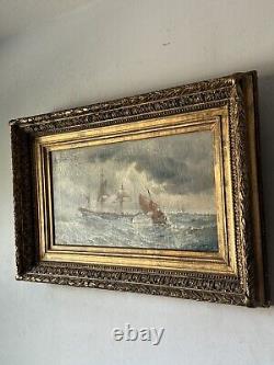 Peinture à l'huile impressionniste française du 19ème siècle de paysage marin ancien avec bateau