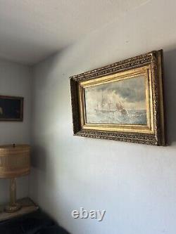 Peinture à l'huile impressionniste française du 19ème siècle de paysage marin ancien avec bateau