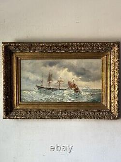 Peinture à l'huile impressionniste française du 19ème siècle de paysage marin ancien avec bateau