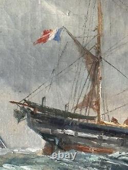 Peinture à l'huile impressionniste française du 19ème siècle de paysage marin ancien avec bateau