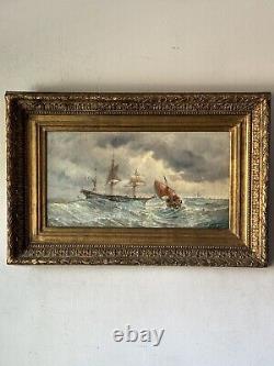 Peinture à l'huile impressionniste française du 19ème siècle de paysage marin ancien avec bateau