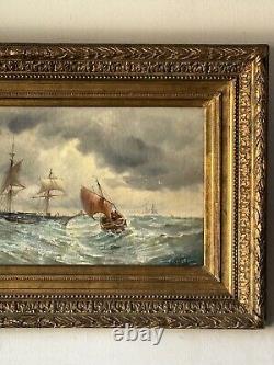 Peinture à l'huile impressionniste française du 19ème siècle de paysage marin ancien avec bateau