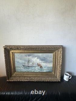 Peinture à l'huile impressionniste française du 19ème siècle de paysage marin ancien avec bateau