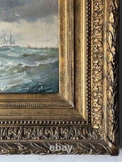 Peinture à l'huile impressionniste française du 19ème siècle de paysage marin ancien avec bateau