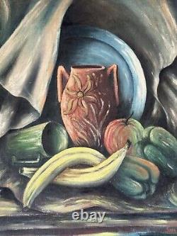Peinture à l'huile impressionniste surréaliste moderne ancienne de nature morte vintage 1949.