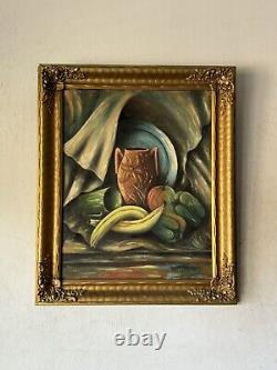 Peinture à l'huile impressionniste surréaliste moderne ancienne de nature morte vintage 1949.