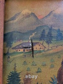 Peinture à l'huile naïve folklorique antique encadrée d'un domaine alpin suisse autrichien allemand