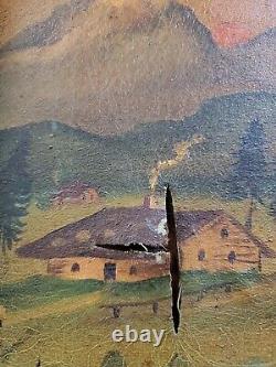 Peinture à l'huile naïve folklorique antique encadrée d'un domaine alpin suisse autrichien allemand