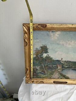 Peinture à l'huile originale Antique 10X13 Village français de la rivière France 1800s Art CH. Rousseau