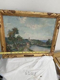 Peinture à l'huile originale Antique 10X13 Village français de la rivière France 1800s Art CH. Rousseau