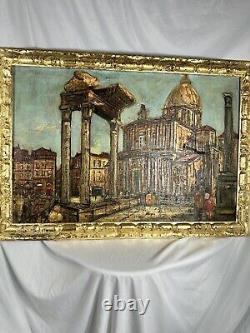 Peinture à l'huile originale antique signée L. GINI 41With29H Architecture en ruine italienne