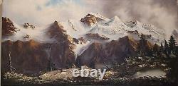 Peinture à l'huile originale signée par J. E. Lemke de paysage alpin de montagne.