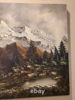 Peinture à l'huile originale signée par J. E. Lemke de paysage alpin de montagne.