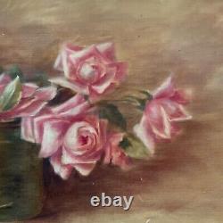 Peinture à l'huile originale sur toile de style yard long, à la main, de roses anciennes victoriennes fleuries