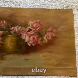 Peinture à l'huile originale sur toile de style yard long, à la main, de roses anciennes victoriennes fleuries