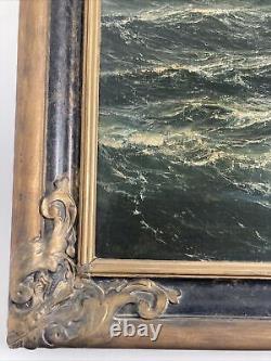 Peinture à l'huile originale vintage antique de vagues océaniques - Paysage marin - Cadre doré, Signé