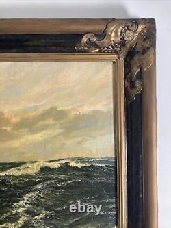 Peinture à l'huile originale vintage antique de vagues océaniques - Paysage marin - Cadre doré, Signé
