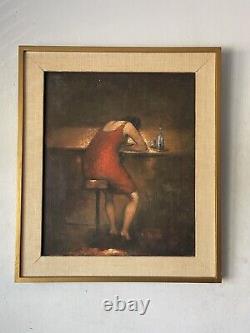 Peinture à l'huile représentant une femme figurative atmosphérique, ancienne et moderne, de collection, datant de 1965.