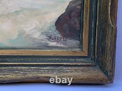 Peinture à l'huile signée Antique Schattle de paysage côtier avec vagues déferlantes au milieu du siècle.