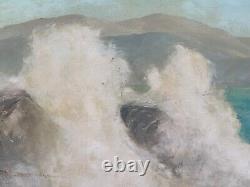 Peinture à l'huile signée Antique Schattle de paysage côtier avec vagues déferlantes au milieu du siècle.