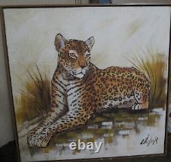 Peinture à l'huile signée J Walker de grand format, léopard guépard, cadre original Vintage 37