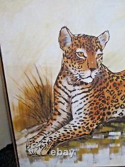 Peinture à l'huile signée J Walker de grand format, léopard guépard, cadre original Vintage 37