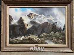 Peinture à l'huile signée ancienne J. E. Lemke Paysage de montagne alpine Cadre doré